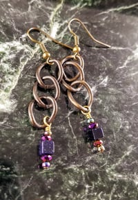 Image 2 of Purple Sparkle Cubes With Flame Coated Swarovski and Bronze Chain Wire Hook Dangling Earrings for...
