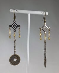 Image 2 of Gold Tone Crystal Drops With Good Luck Coins on Fine Bronze Chain Extra Long Hook Dangling Fantas...