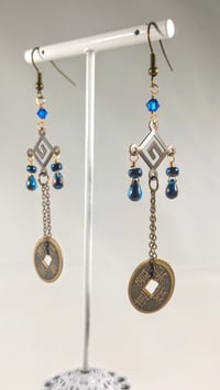 Image 3 of Blue Crystal Drops With Good Luck Coins Swarovski and Czech Crystal on Fine Bronze Chain Extra Lo...