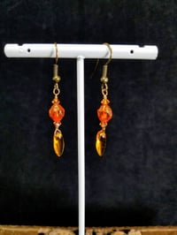 Image 1 of Orange Flames Vintage Double Cathedral Beads Petals Swarovski and Bronze Chain Wire Hook Dangling...