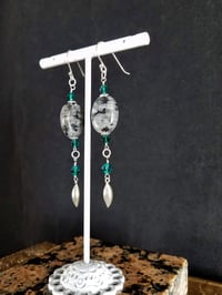 Image 3 of Lustrous Labradorite and Teal Swarovski Crystals with Silver Accents on Sterling Silver Hooks Lon...