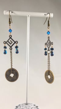 Image 4 of Blue Crystal Drops With Good Luck Coins Swarovski and Czech Crystal on Fine Bronze Chain Extra Lo...