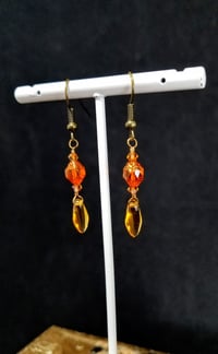 Image 2 of Orange Flames Vintage Double Cathedral Beads Petals Swarovski and Bronze Chain Wire Hook Dangling...