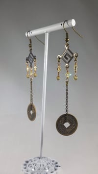 Image 4 of Gold Tone Crystal Drops With Good Luck Coins on Fine Bronze Chain Extra Long Hook Dangling Fantas...