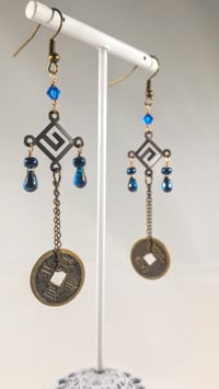 Image 5 of Blue Crystal Drops With Good Luck Coins Swarovski and Czech Crystal on Fine Bronze Chain Extra Lo...