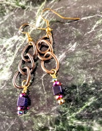Image 4 of Purple Sparkle Cubes With Flame Coated Swarovski and Bronze Chain Wire Hook Dangling Earrings for...