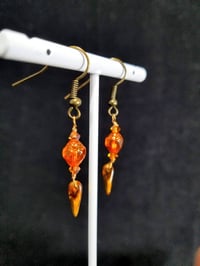 Image 3 of Orange Flames Vintage Double Cathedral Beads Petals Swarovski and Bronze Chain Wire Hook Dangling...