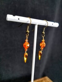 Image 4 of Orange Flames Vintage Double Cathedral Beads Petals Swarovski and Bronze Chain Wire Hook Dangling...