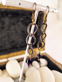Image 5 of Purple Sparkle Cubes With Flame Coated Swarovski and Bronze Chain Wire Hook Dangling Earrings for...