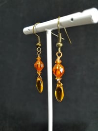 Image 7 of Orange Flames Vintage Double Cathedral Beads Petals Swarovski and Bronze Chain Wire Hook Dangling...