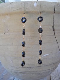 Image 2 of Back in Black Black Natural Stone Rings with Swarovski Crystals and Discs Long Dangling Bullseye ...