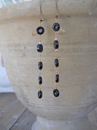 Image 3 of Back in Black Black Natural Stone Rings with Swarovski Crystals and Discs Long Dangling Bullseye ...