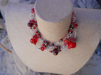 Image 1 of Wabi Sabi Shades of Red Crystal and Sterling Silver Three Strand Bracelet