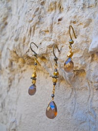 Image 2 of Smoky Quartz and Swarovski Wabi Sabi Bronze Three Earring Set for Bellydance Tribal Renaissance F...