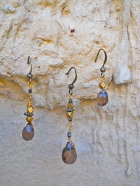 Image 4 of Smoky Quartz and Swarovski Wabi Sabi Bronze Three Earring Set for Bellydance Tribal Renaissance F...