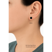Image 2 of Round Flat Black Onyx 9mm Stone Stud Earrings I Sterling Silver 925 Handmade Earrings for Women Men