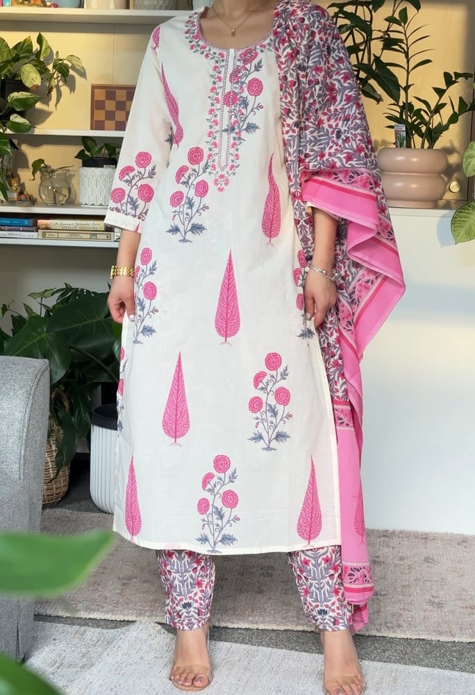 Image of Blush Radiance button three piece kurtha set 