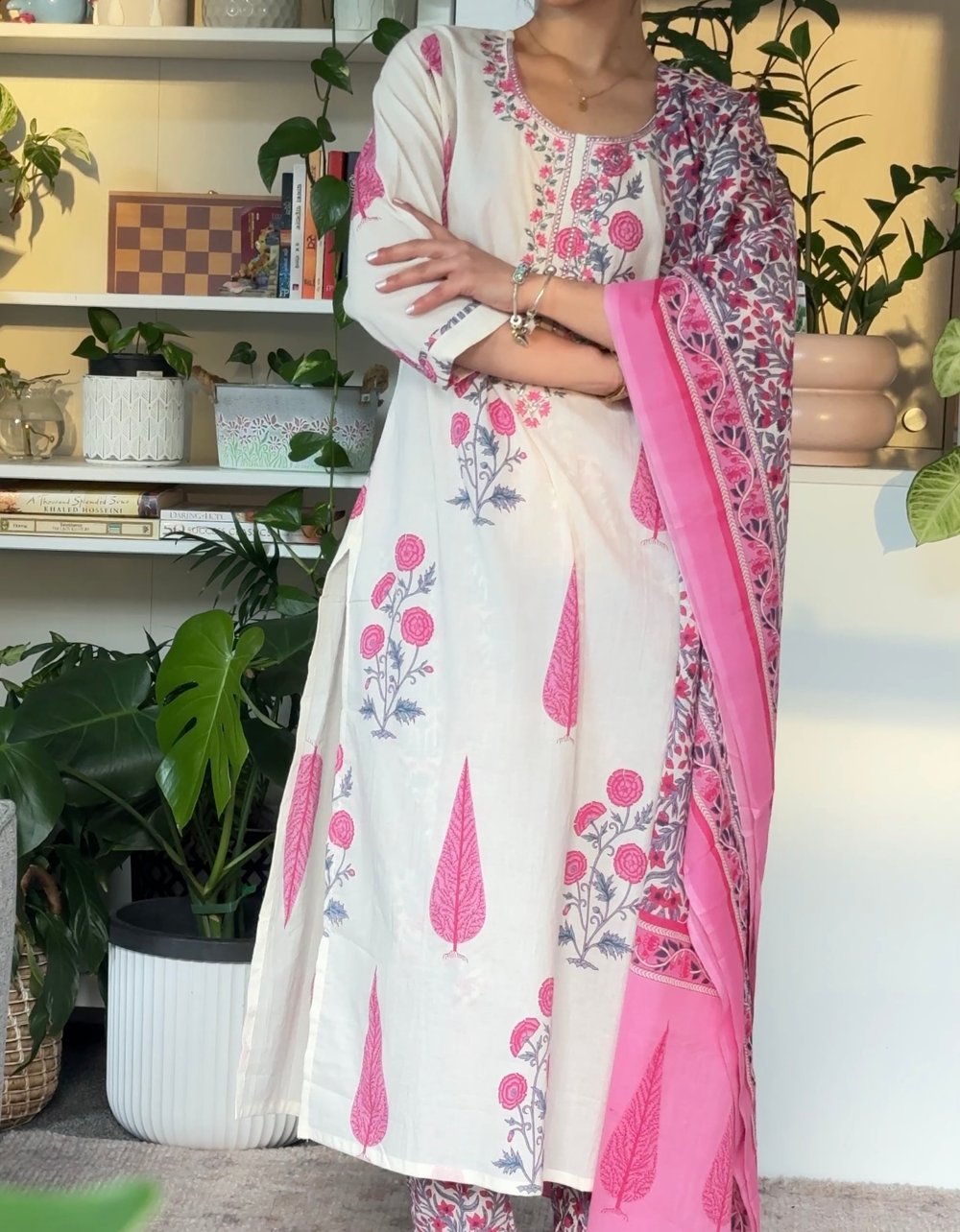 Image of Blush Radiance button three piece kurtha set 