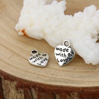 Image 2 of Made With Love Heart Charms Ant. Silver Plated Pewter Zinc Alloy Double Sided 12mm x 9mm 10 pcs F163
