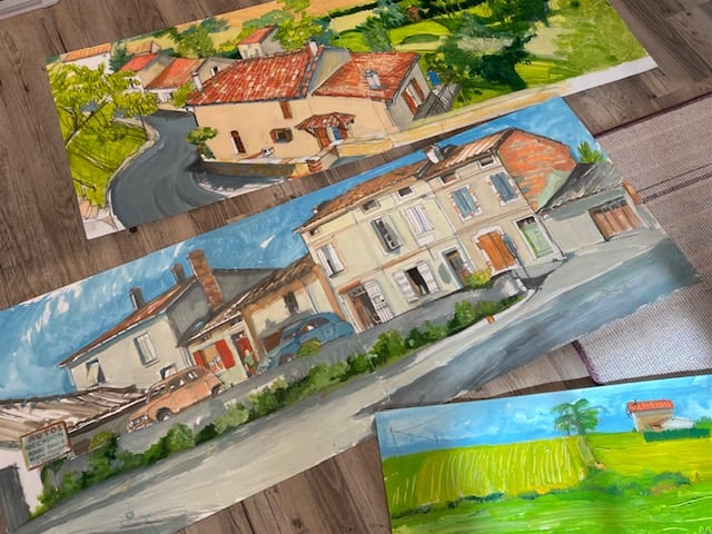 Image of 3 Auvillar diptych landscape paintings