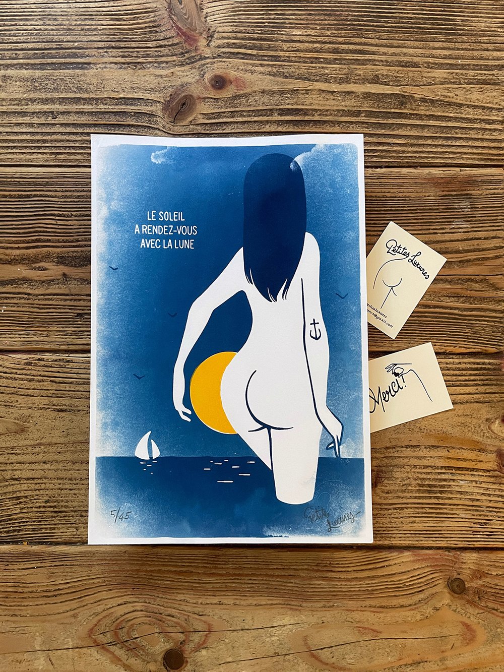Image of "Le Soleil A Rendez-vous avec la Lune" handmade linocut & cyanotype art print