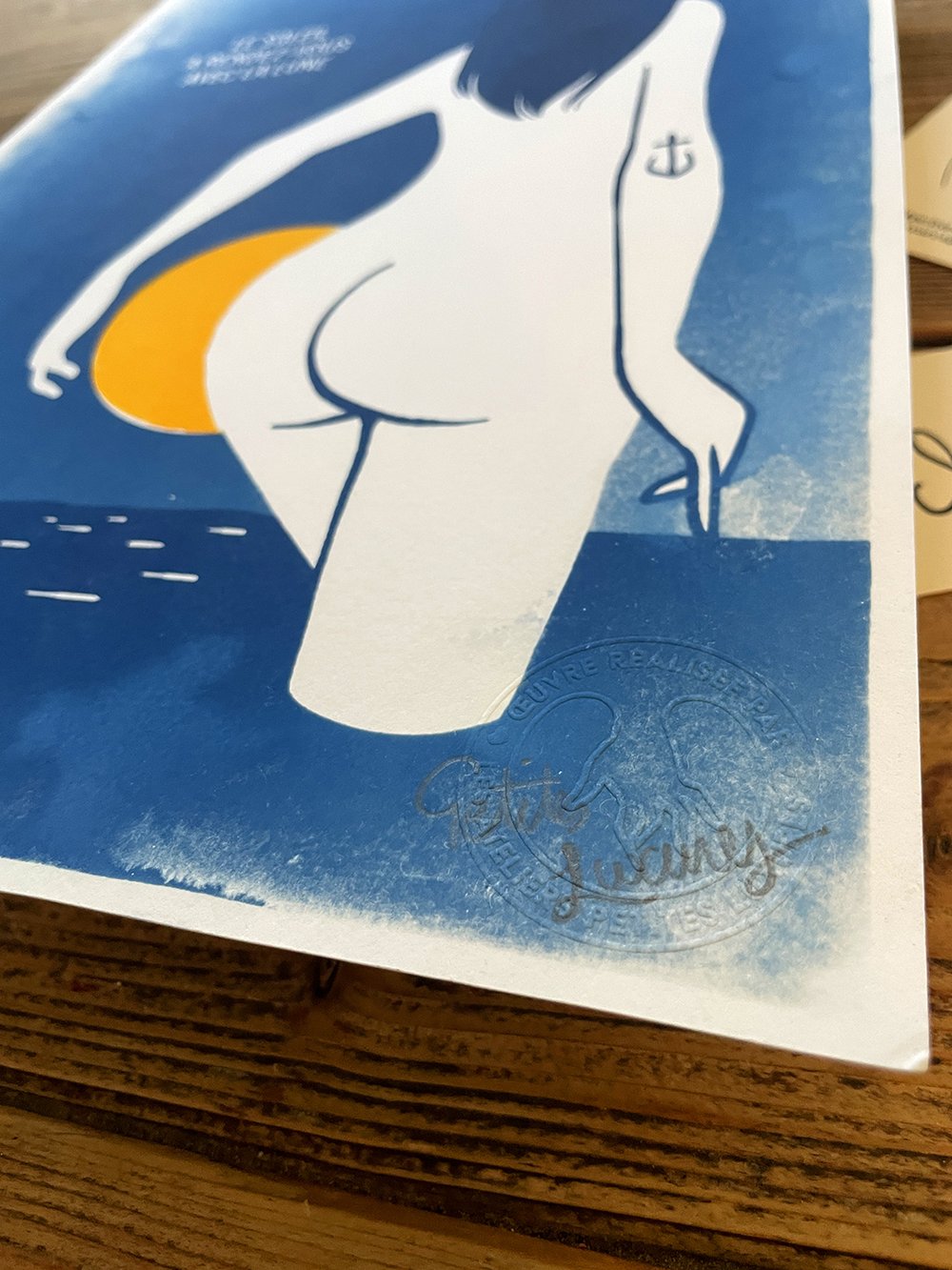 Image of "Le Soleil A Rendez-vous avec la Lune" handmade linocut & cyanotype art print