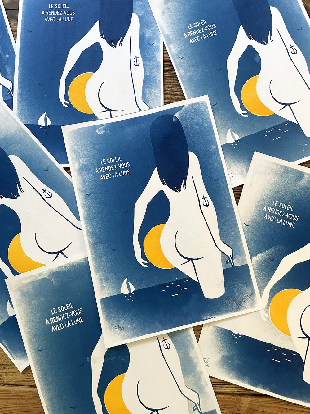 Image of "Le Soleil A Rendez-vous avec la Lune" handmade linocut & cyanotype art print