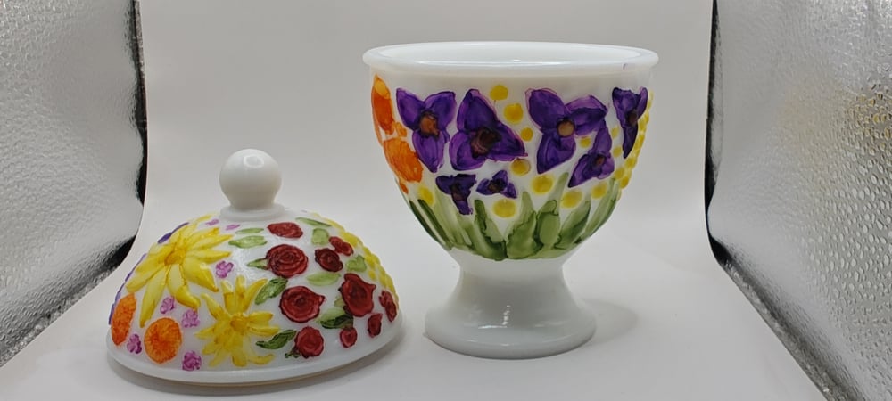 Image of Hand Painted Upcycled Milk Glass Candy Dish 