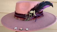 Image 2 of Pink Fedora Hat Layered Pink/Purple Band Bead and Feathers