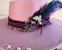 Image 4 of Pink Fedora Hat Layered Pink/Purple Band Bead and Feathers