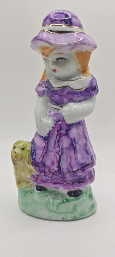 Image of Upcycled Hand-Painted Ceramic Figurine Girl in Purple Dress with Dog Alcohol Ink Vintage-Style Decor