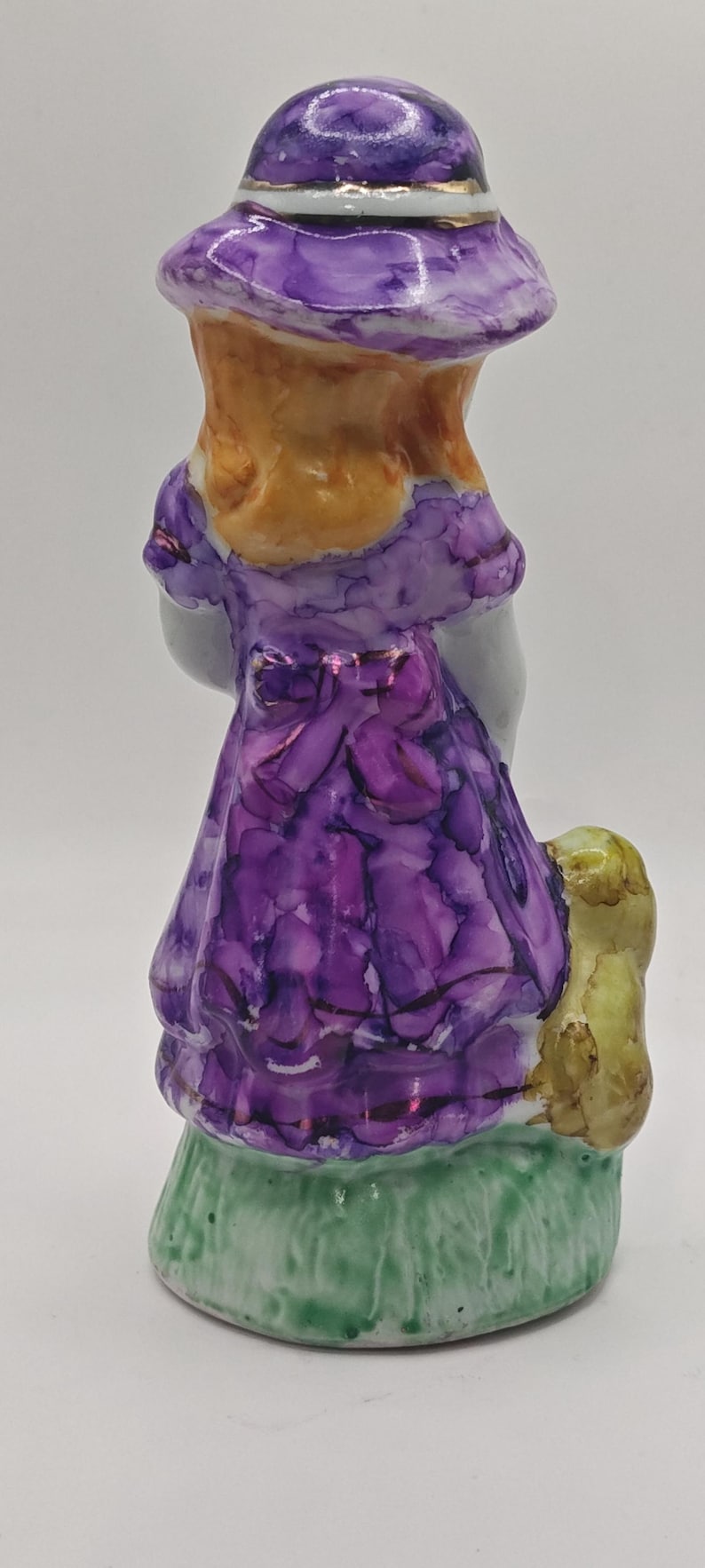 Image of Upcycled Hand-Painted Ceramic Figurine Girl in Purple Dress with Dog Alcohol Ink Vintage-Style Decor