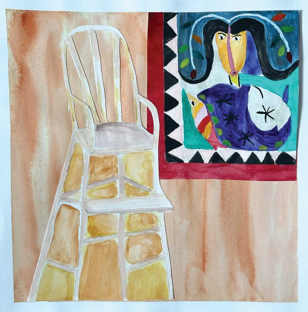 Image of Bentwood Highchair - Original Watercolor Mixed Media Collage by Cindy Owings (unframed)