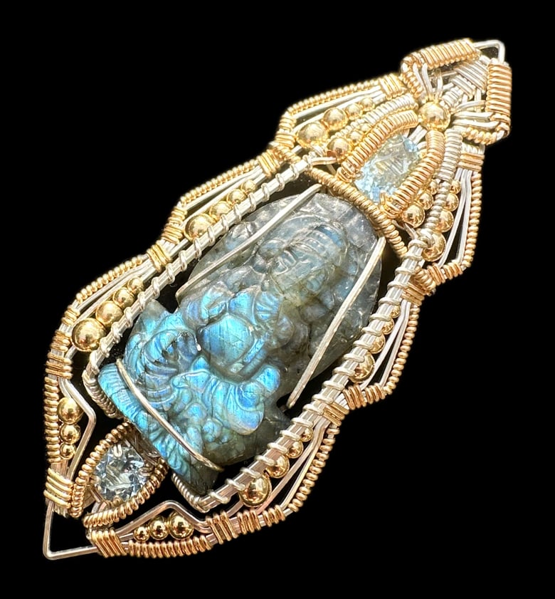 Image of Carved Labradorite Ganesha and Aquamarine Pendant