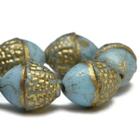 Image 2 of Acorn Beads Czech Glass Acorns Sky Blue with Gold Wash 10x12mm 8 beads