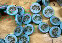 Image 2 of Coin with Lotus Flower 18mm Aqua Blue Silk Matte with Dark Bronze Wash 10 beads