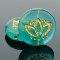 Coin with Lotus Flower 14mm Aqua Green Transparent Matte with Gold Wash 12 beads