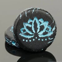 Image 1 of Coin with Lotus Flower 18mm Jet Black Opaque Matte with Turquoise Wash 10 beads