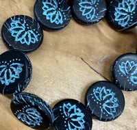 Image 2 of Coin with Lotus Flower 18mm Jet Black Opaque Matte with Turquoise Wash 10 beads
