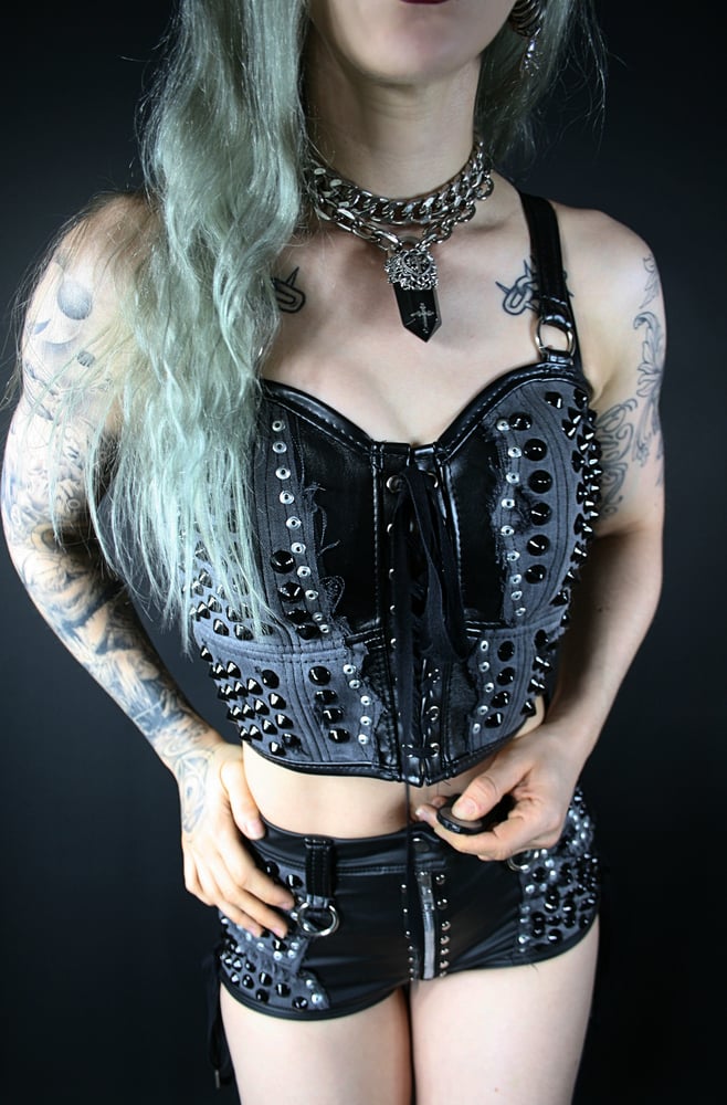 Image of BLACK DENIM AND LEATHER BUSTIER