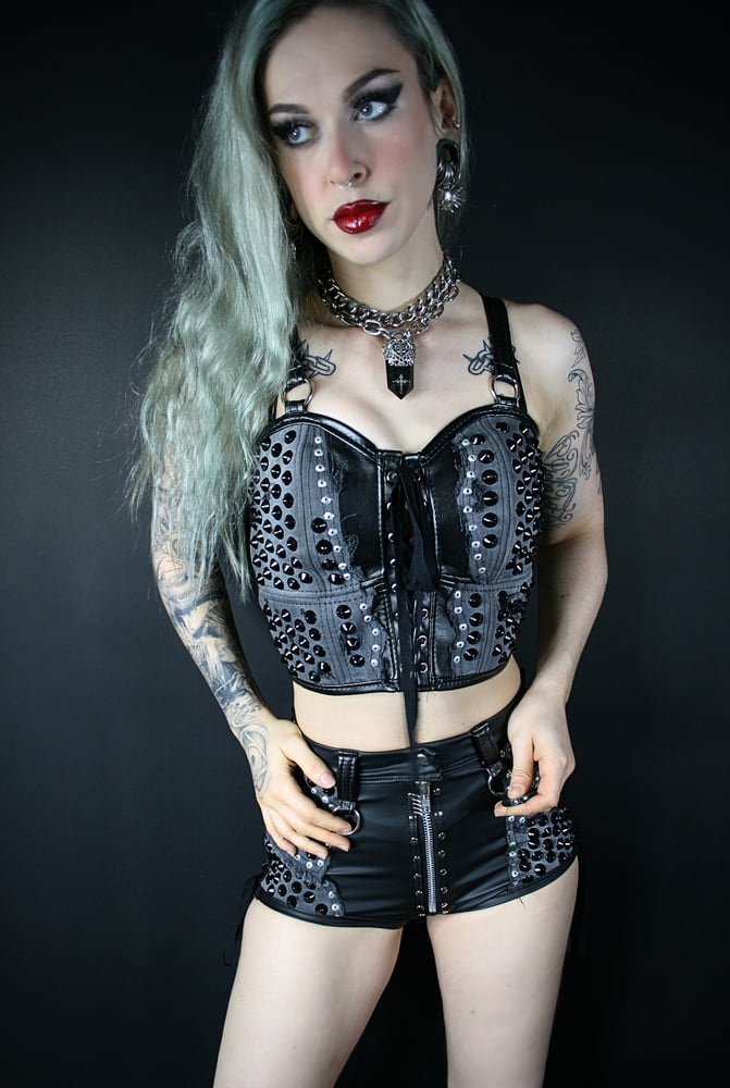 Image of BLACK DENIM AND LEATHER BUSTIER