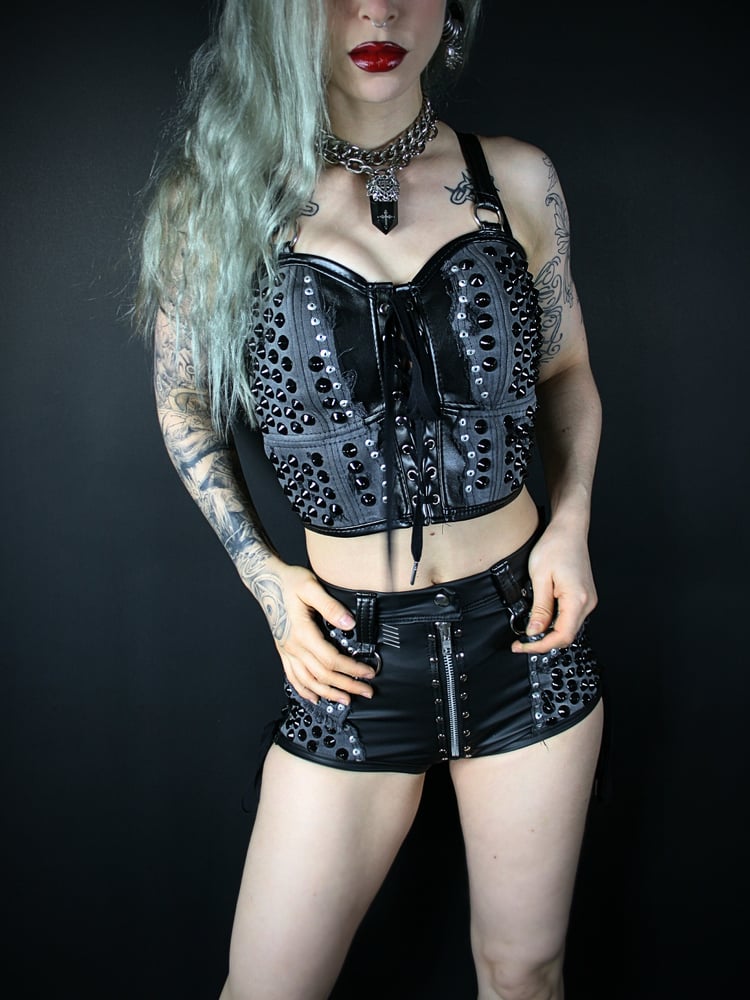 Image of BLACK DENIM AND LEATHER BUSTIER