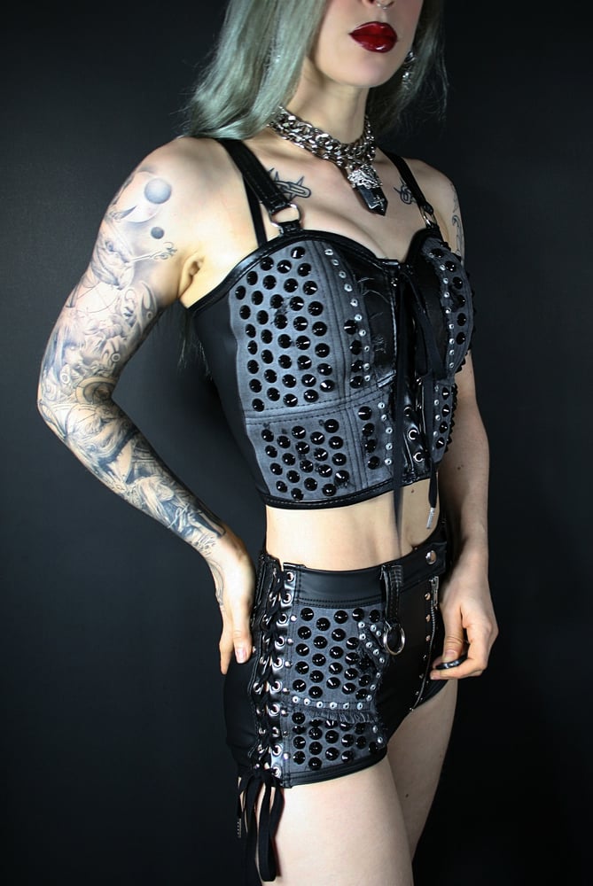 Image of BLACK DENIM AND LEATHER BUSTIER
