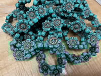 Image 2 of Wild Rose Flower Beads 14mm Turquoise Opaque with Dark Bronze Wash Czech Table Cut Glass Beads 12 be