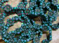 Image 1 of Wild Rose Flower Beads 14mm Turquoise Opaque with Dark Bronze Wash Czech Table Cut Glass Beads 12 be
