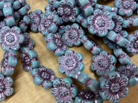 Image 2 of Wild Rose Flower Beads 14mm Turquoise Opaque with Metallic Pink Wash Czech Table Cut Glass Beads 12 