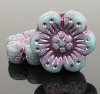 Image 1 of Wild Rose Flower Beads 14mm Turquoise Opaque with Metallic Pink Wash Czech Table Cut Glass Beads 12 