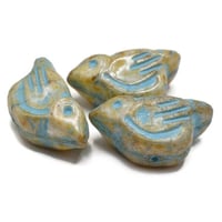 Image 2 of Bird Beads White with Picasso Finish and Turquoise Wash 11x22mm Czech Glass Beads 2 beads #769