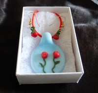 Image 1 of Glass rose pendant and earings set. Handmade here in the USA. Solid Borosilicate glass