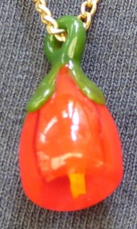 Image 2 of Glass red tulip pendant. Handmade by me her in the US. Solid glass with gold plated chain